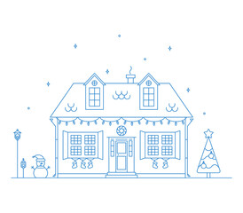 Neighborhood line art Christmas illustration with house.
