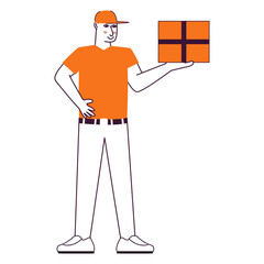 Man holding a package box.Delivery man.A postman with a box.Outline vector illustration.Isolated on white background.Relocation and moving .Worker wearing uniform.