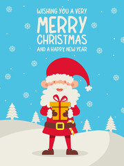 Cute santa, christmas card. Santa claus with a gift