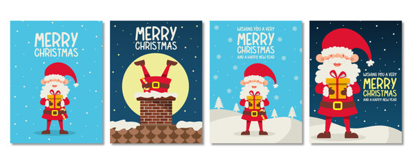 Set of Christmas cards. Happy New Year and Merry Christmas greetings cute Santa Claus
