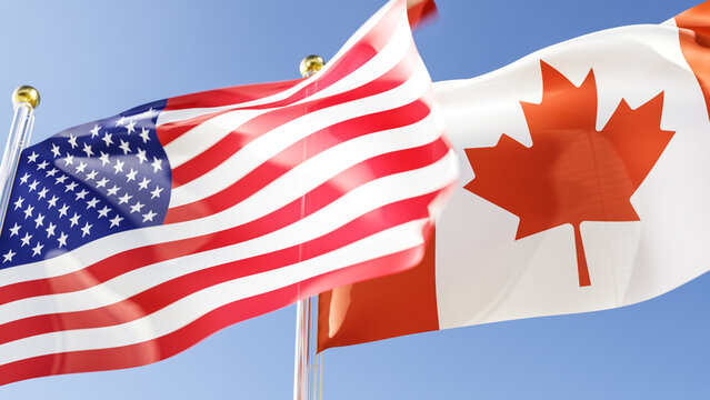 us and canada flags fluttering in the wind against a blue sky, 3d rendering