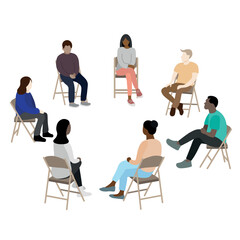Group psychotherapy, men and women of different nationalities sit on chairs arranged in a circle, group psychotraining, flat vector, isolate on white