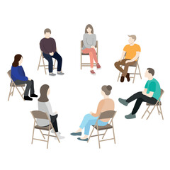 Fototapeta na wymiar Group psychotherapy, men and women sit on chairs arranged in a circle, on group psychotraining, flat vector, isolate on white