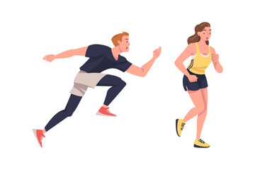 Fototapeta na wymiar Man and Woman Character Running in Sportswear and Trainers Engaged in Sport Training and Workout Vector Set