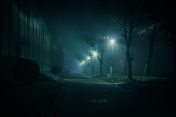 zabudowania przy drodze w nocnej mgle rozświetlonej latarniami - obrazy, fototapety, plakaty
