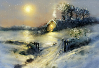  Digital oil painting, classic style, fine art, artwork. Winter paintings landscape, house in the forest, house on the river, winter forest in the snow