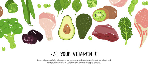 Vitamin k vector stock illustration. Food products with a high content of the vitamin k1 and k2. prunes, liver, pork chops, broccoli, green beans and peas, kale, spinach and brussels sprout.