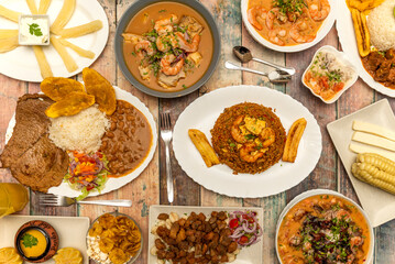Ecuadorian food recipes with seafood rice, chaulafan rice, roasted, onions with seafood, corn with cheese, sweet plantain with cheese, shrimp and torreznos