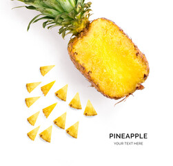 Creative layout made of pineapple rain. Flat lay. Food concept. Pineapple on white background.