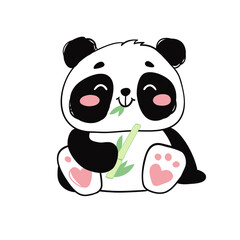 Cute panda smiles and eats bamboo. Vector illustration, funny animal print in flat style isolated on white background.