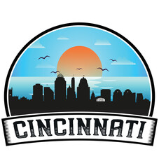 Cincinnati Ohio USA Skyline Sunset Travel Souvenir Sticker Logo Badge Stamp Emblem Coat of Arms Vector Illustration EPS