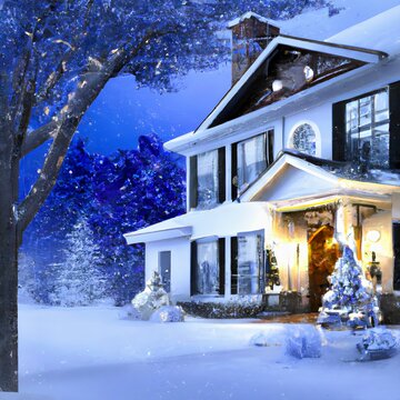 Luxury modern house in winter garden with the snowy tree at christmas time. A view of a garden with a modern house covered with snow at Christmas, digital 3D render