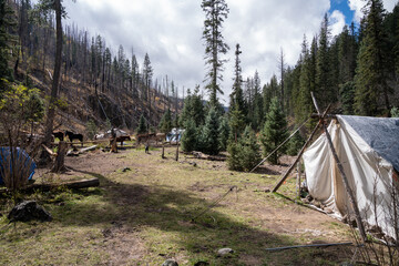 Campsite with canvas tent and horses corralled in the Gila National Forest of New Mexico during...