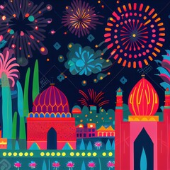 Fototapeta premium New year's fireworks, city landscape generated with Artificial Intelligence