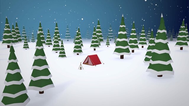 Christmas pinetree forest with a cute tent and campfire 3d scene render