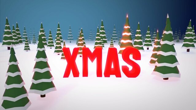 glowing red Christmas lettering pinetree forest  3d scene render