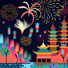 Fototapeta premium New year's fireworks, city landscape generated with Artificial Intelligence