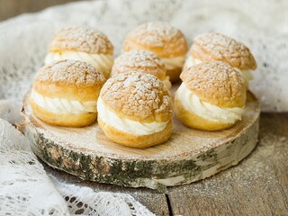 Gourmet French Shu cake. Gourmet custard dessert with creamy white cream on a wooden saw. Rustic style. Closeup