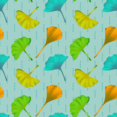 Ginkgo biloba leaves seamless pattern. Hand drawn digital illustration. Colourful background.