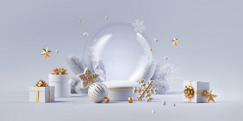 3d render. Winter holiday wallpaper. Festive white and gold Christmas ornaments and baubles. Empty glass snow ball isolated on white background