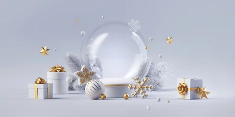 Foto op Plexiglas 3d render. Winter holiday wallpaper. Festive white and gold Christmas ornaments and baubles. Empty glass snow ball isolated on white background © wacomka