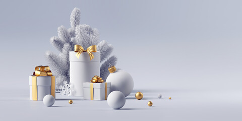 3d render, white and gold Christmas background. Festive ornaments, glass balls, wrapped gift boxes and spruce twigs. Xmas wallpaper. Traditional holiday greeting card template