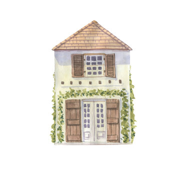 Garden house painted in watercolor. house illustration isolate on white background.