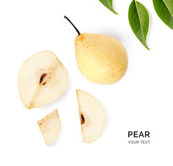 Creative layout made of pear on white background. Flat lay. Food concept. Macro  concept.