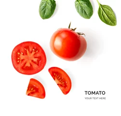Fotobehang Creative layout made of tomato on the white background. Flat lay. Food concept. Tomato on the white background. © StudioDFlorez