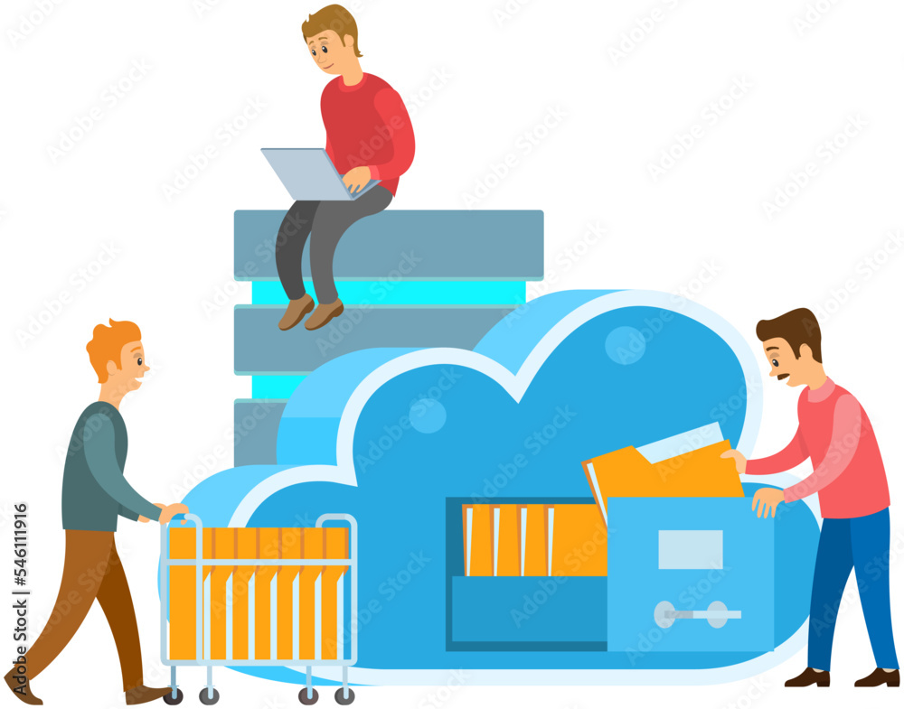 Poster cloud storage technology concept. people stacking folders with information to online storage cell. m