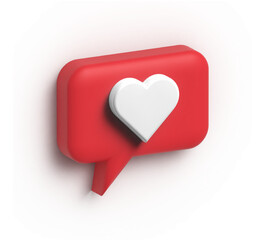 3D Speech Bubble.Red bubble chat with a heart.Talk bubble.Message box communication. Speech balloon with a like.