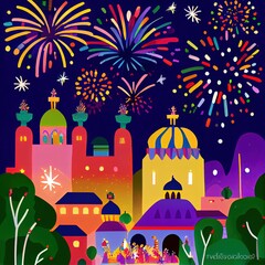 Fototapeta premium New year's fireworks, city landscape generated with Artificial Intelligence