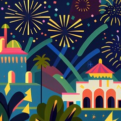Obraz premium New year's fireworks, city landscape generated with Artificial Intelligence