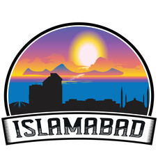 Islamabad Pakistan Skyline Sunset Travel Souvenir Sticker Logo Badge Stamp Emblem Coat of Arms Vector Illustration EPS