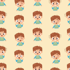 Seamless childrens pattern. Cute fair-skinned boy in cartoon style with different emotions - joy, happiness, anger and tears on light yellow background. Vector illustration. Cute kids collection