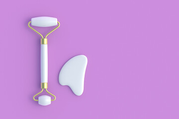 Face massage roller and gua sha stone. Lifting face and wellness. Cosmetics accessories. Facial skin care. Top view. Copy space. 3d render