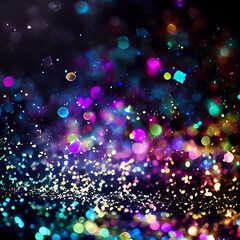 Colorful dust and sparkles on the black background. Christmas, New year background.