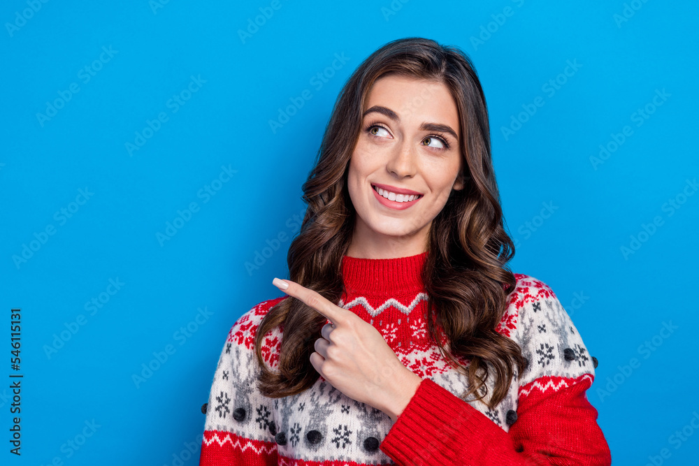 Poster photo of dreamy lovely lady wear stylish ugly sweater arm direct empty space recommend decor gift sh