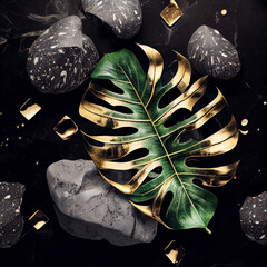 Gold covered monstera leaf and black marble stones on a black background, view from above. Abstract Beauty and fashion blog background, collage.  Flat lay.