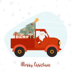 Cute and cheerful Santa Claus drives a red car with a Christmas tree and gifts. Design for greeting card, invitation, poster, website. Vector illustration