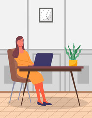Woman communicate, workplace with computer. Remote work, freelance, house office, programming, training concept. Lady sitting with laptop and surfing Internet. Female freelancer works from home