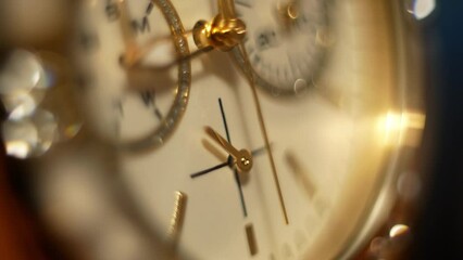 Clock hands in motion on the dial clock face of a gilded gold plated mechanical quartz glamorous chronometer watch close-up macro. Running of time and life