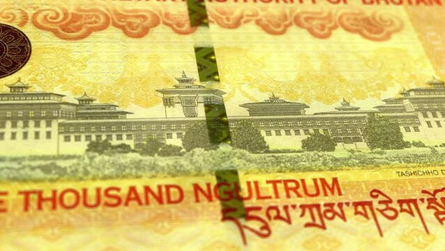 Bhutan Bhutanese Ngultrum 1000 Banknotes, One Thousand Bhutanese Ngultrum, Close-up and macro view of the Bhutanese Ngultrum, Tracking and Dolly Shots 1000 Bhutanese Ngultrum banknote Observe