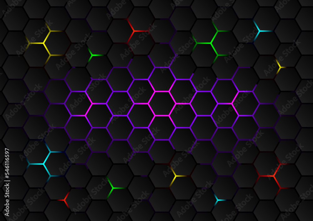 Poster the hexagons are arranged like a honeycomb. with many colors shining below on the gradient backgroun