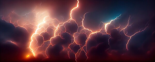 Dreamy lightning storm background. Stormy background, dramatic lightning storm. Beautiful nature scene 3d render.