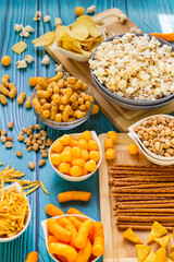 Salty snacks served as party food in bowls