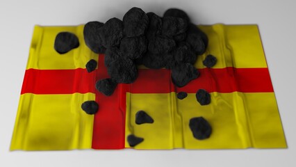 Coal on top of the historical flag of the Kalmar Union aka "the Banner of the realms" (3D render) © Simon