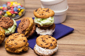 Chocolate chip ice cream cookie sandwiches with vanilla, chocolate and pistachios