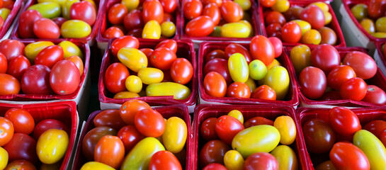 Cherries tomatoes at the Jean-Talon Market is a farmer's market in Montreal. Located in the Little Italy district, the market is bordered by Jean-Talon Street 
