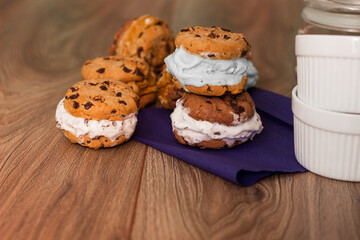 Chocolate chip ice cream cookie sandwiches with vanilla, chocolate and pistachios